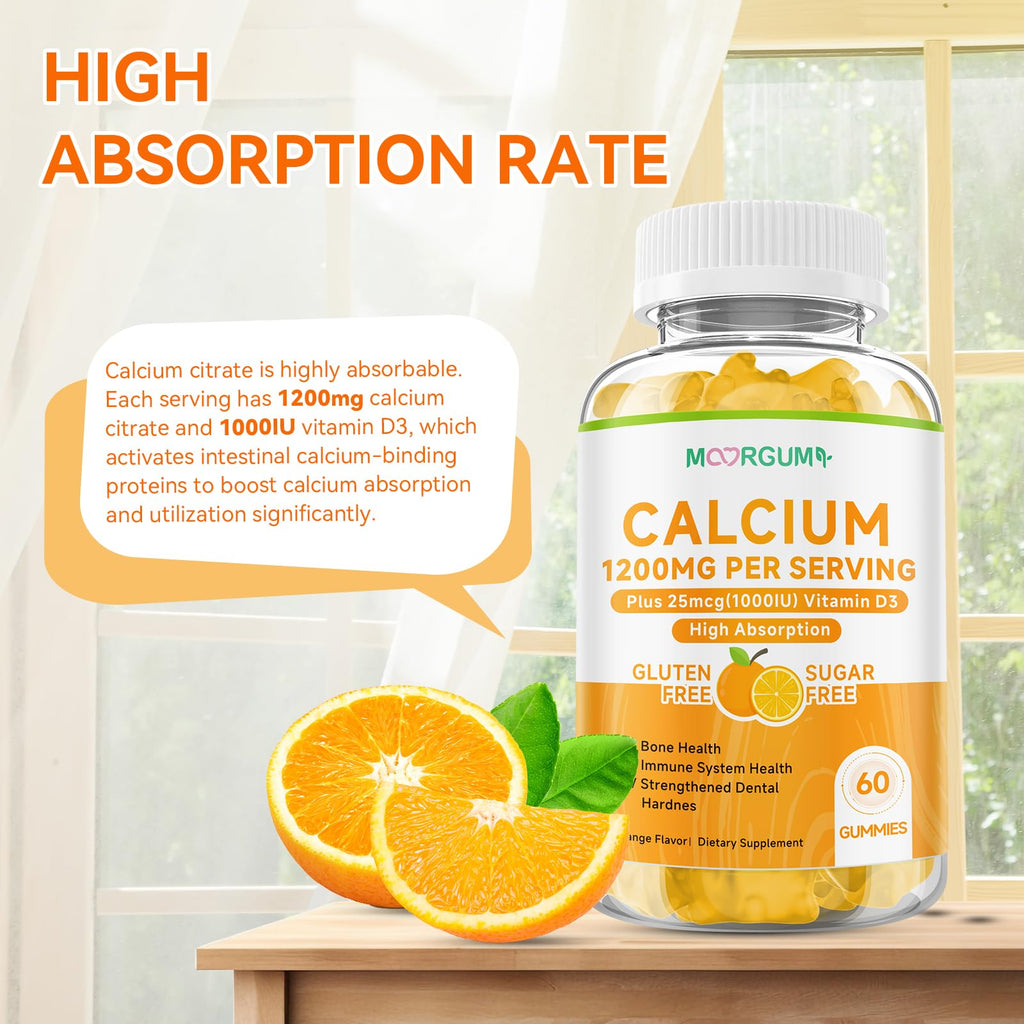MOORGUMY Calcium Citrate Gummies 1200 mg & Vitamin D3 1000IU | Bone & Teeth Support (Orange) 60 Count