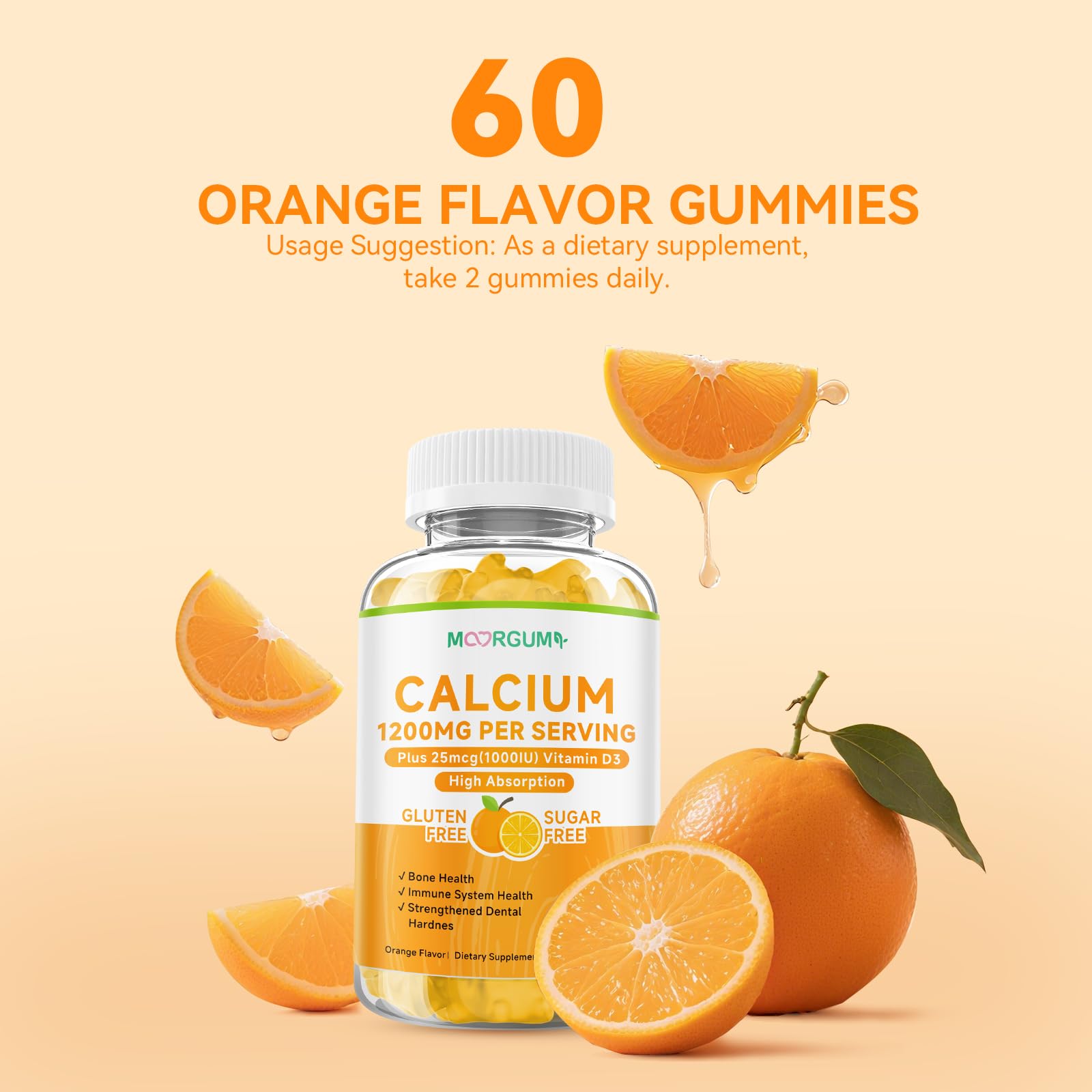 MOORGUMY Calcium Citrate Gummies 1200 mg & Vitamin D3 1000IU | Bone & Teeth Support (Orange) 60 Count