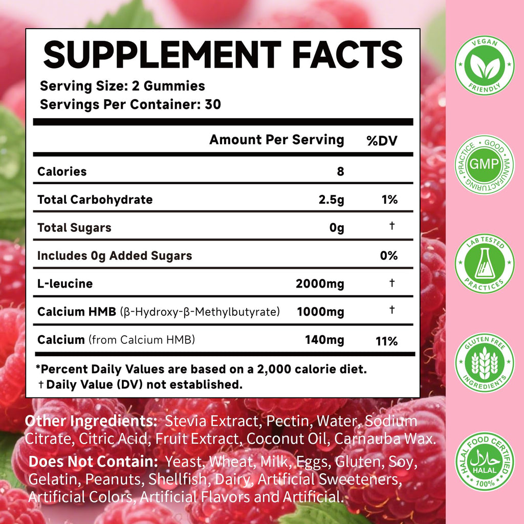 MOORGUMY HMB & L-Leucine Gummies – 2000mg L-Leucine, Calcium, Raspberry, 60 Count