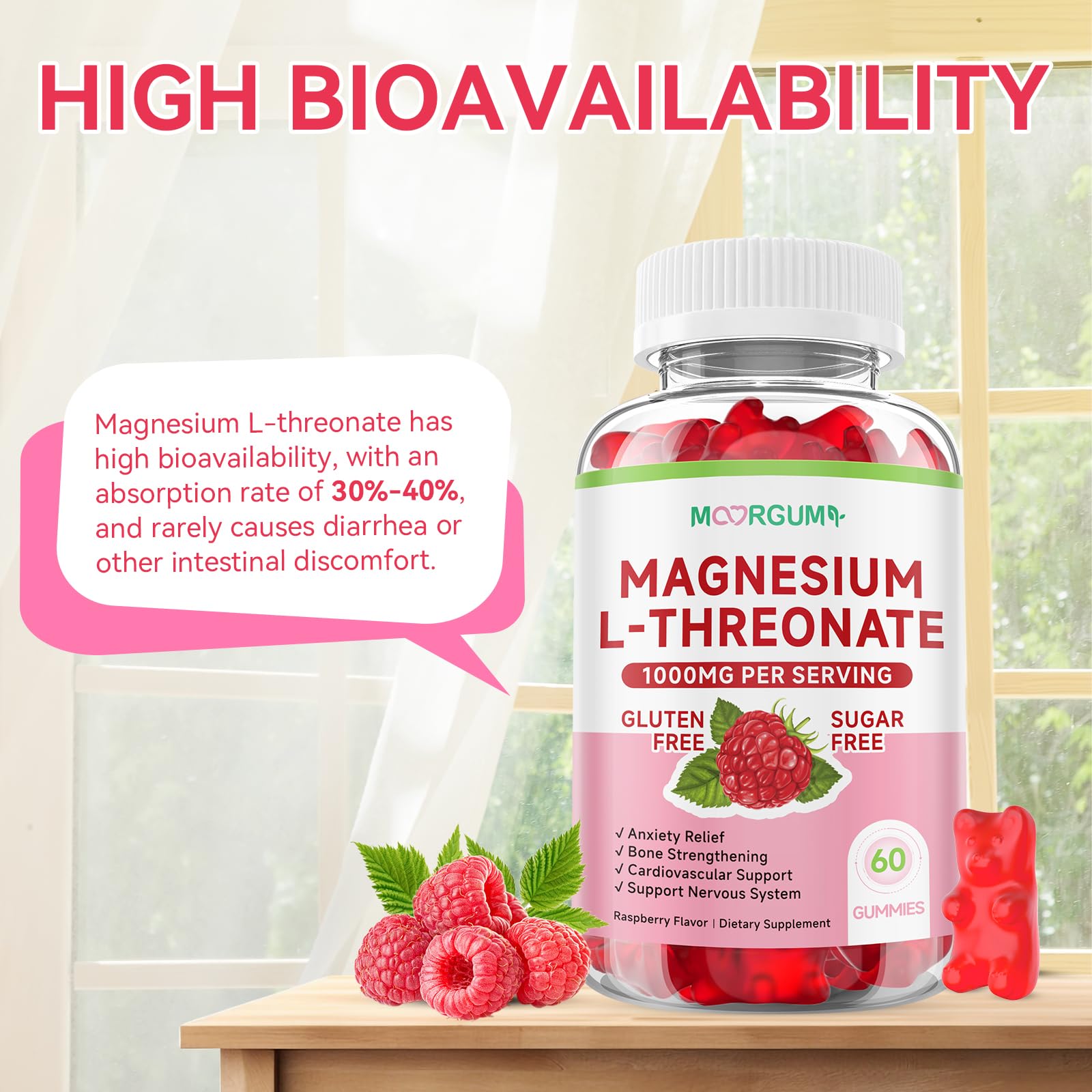 MOORGUMY Magnesium L-threonate Gummies – 1,000 mg | 60 Count | Memory & Sleep Support