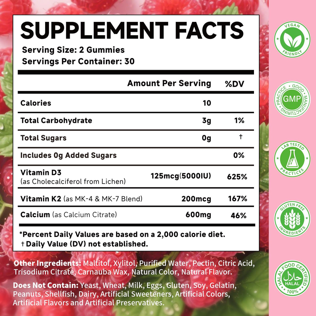 MOORGUMY Vitamin D3 K2 Gummies – 5000 IU D3, 200 mcg K2 MK-4 & MK-7, 600 mg Calcium – Supports Calcium Absorption, Healthy Bones, Immune & Heart Health – 60 Count