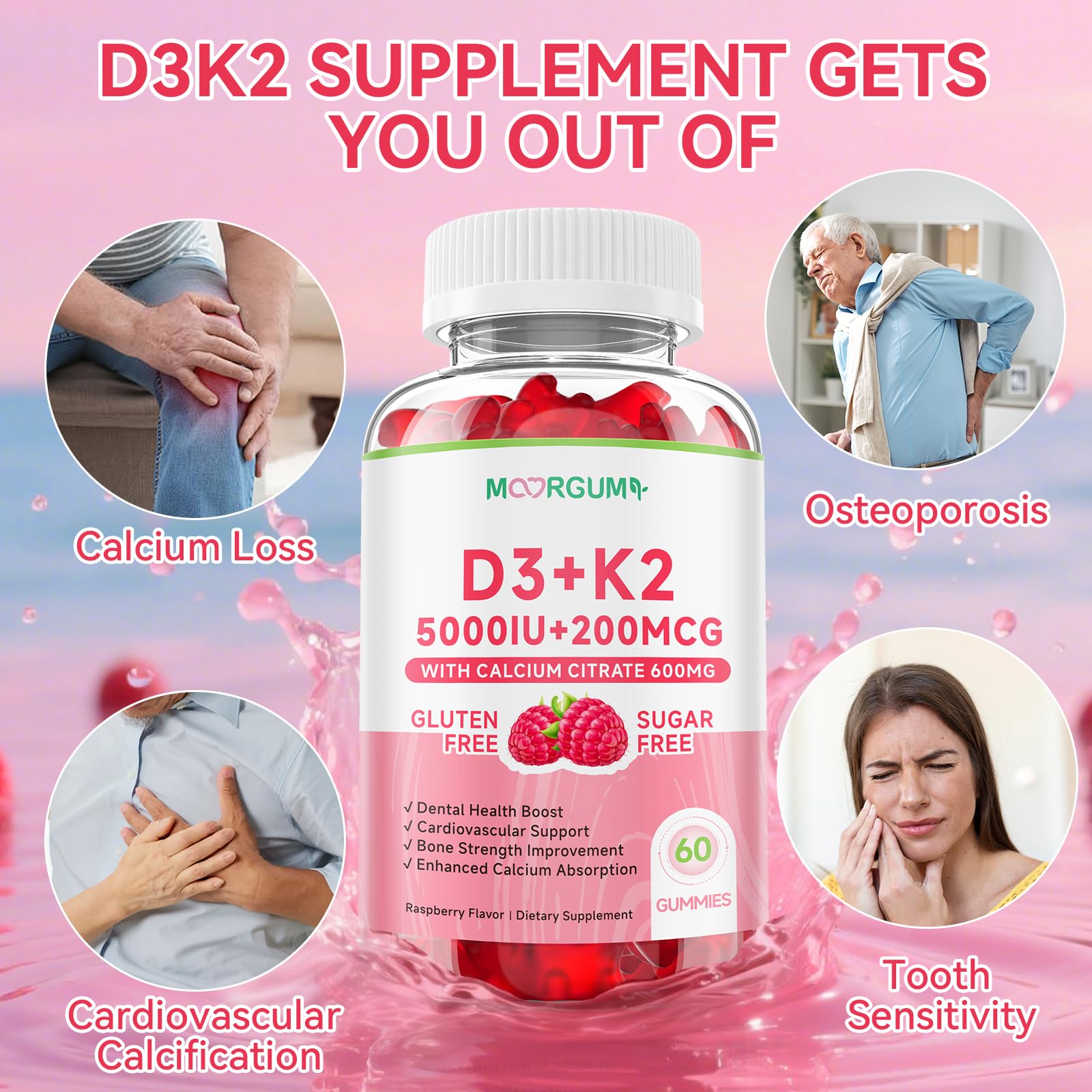 MOORGUMY Vitamin D3 K2 Gummies – 5000 IU D3, 200 mcg K2 MK-4 & MK-7, 600 mg Calcium – Supports Calcium Absorption, Healthy Bones, Immune & Heart Health – 60 Count