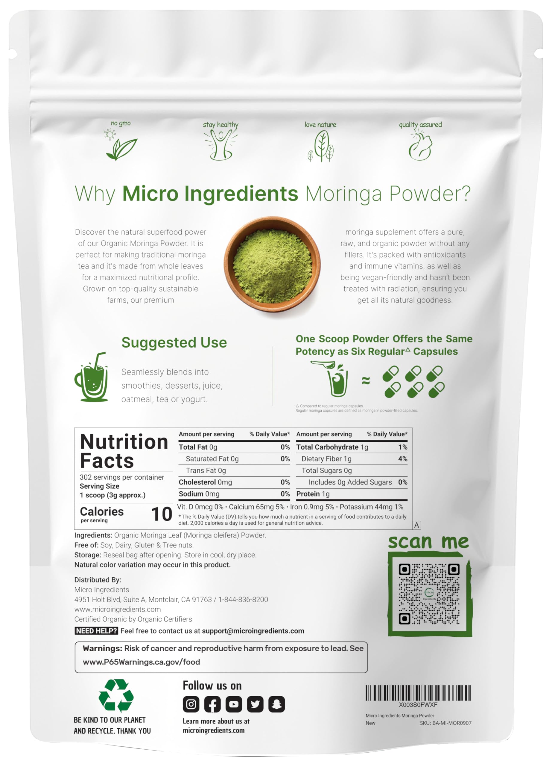 Organic Moringa Oleifera Leaf Powder - 2 lbs | India Grown, Antioxidants & Immune Vitamins | Vegan