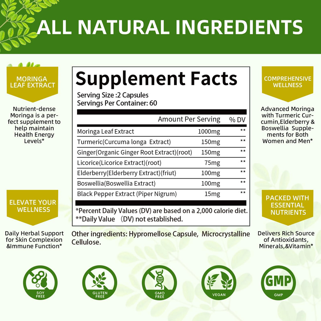 Mulittea Moringa Capsules 1000mg – 7-in-1 Turmeric, Ginger, Elderberry & Boswellia | 120 Vegan Capsules (2-Pack)