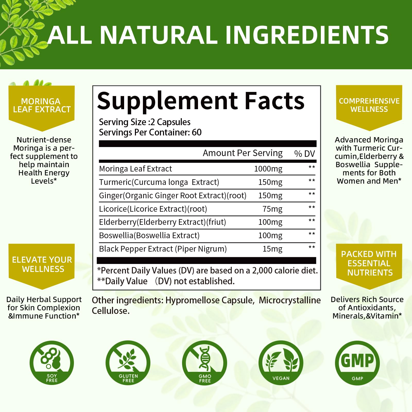 Mulittea Moringa Capsules 1000mg – 7-in-1 Turmeric, Ginger, Elderberry & Boswellia | 120 Vegan Capsules (2-Pack)