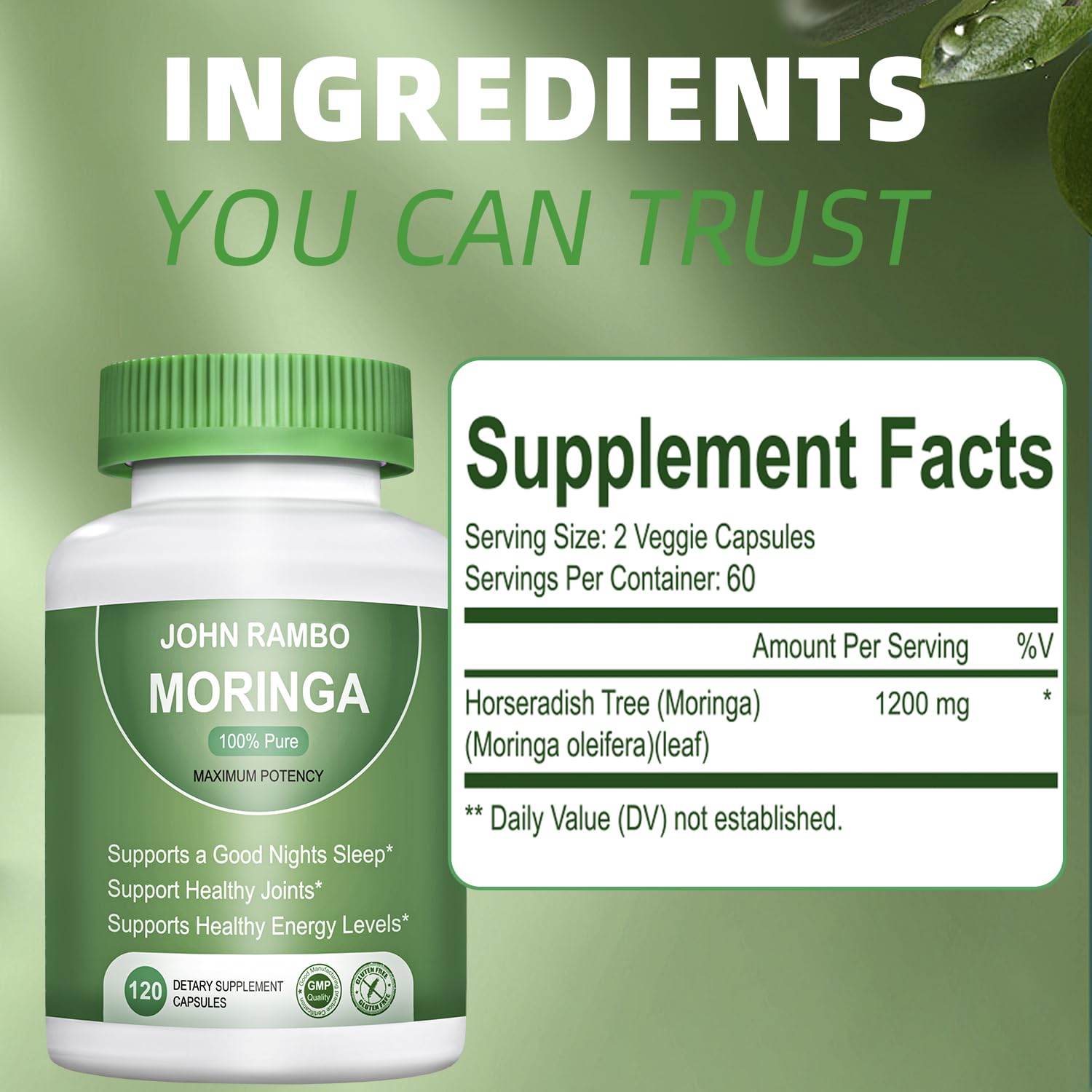 Moringa 1200 mg Capsules - 120 Count | Non-GMO Vegan Moringa Supplement