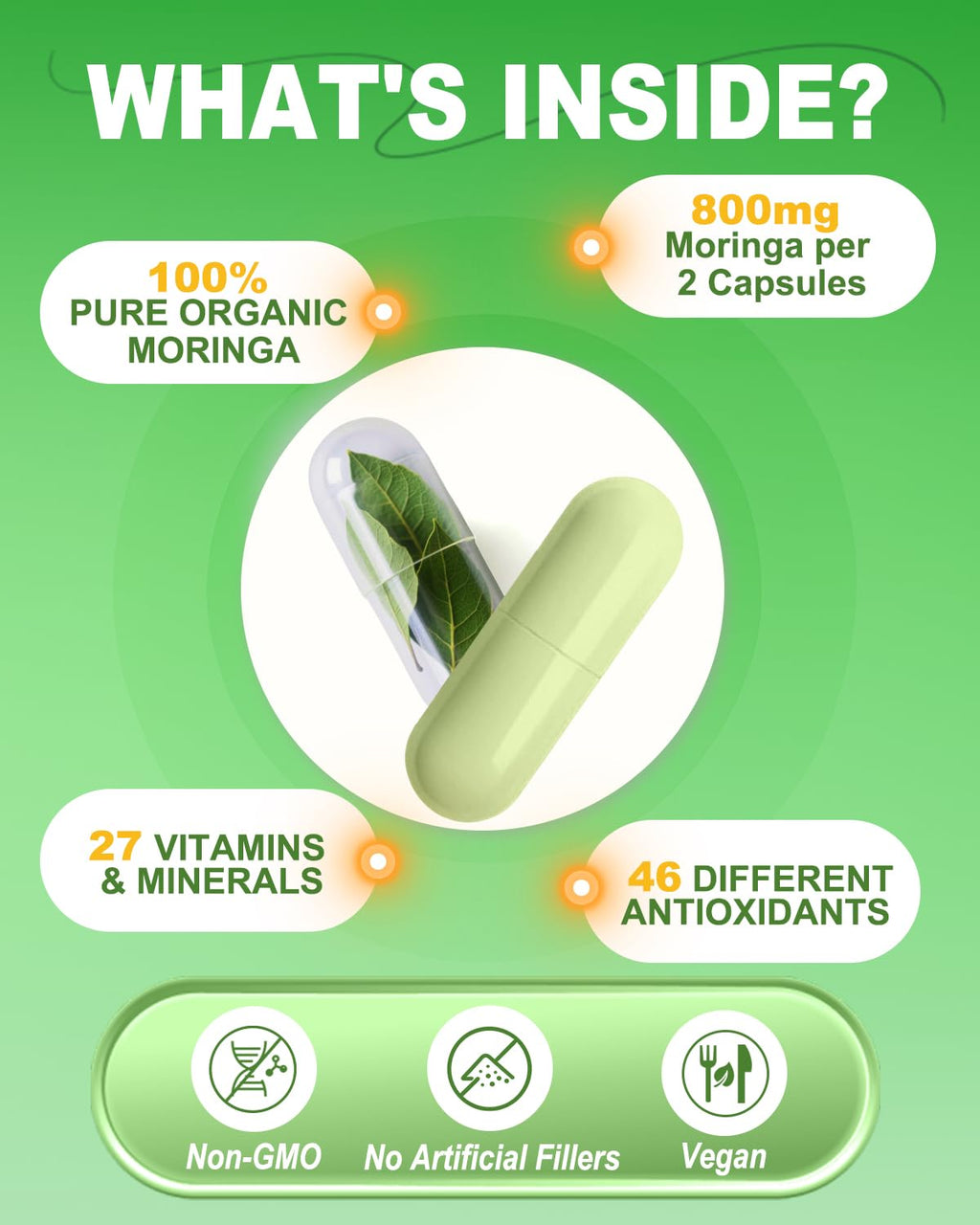 Moringa Capsules 800mg – Pure Moringa Powder Supplement (60 Capsules)
