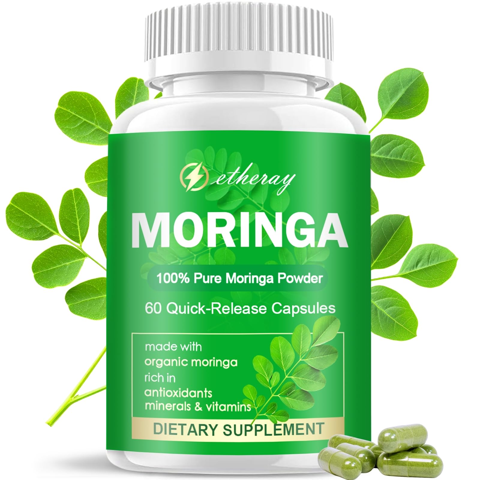 Moringa Capsules - Pure Moringa Powder 800mg per Serving | Rich in Antioxidants, Minerals & Vitamins | Green Superfood | 60 Capsules