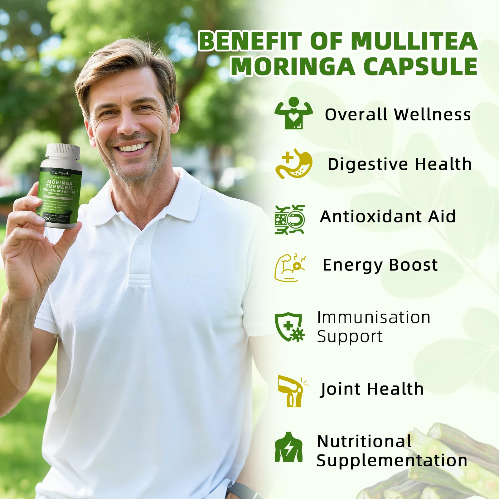 Moringa Capsules Organic 1000mg – 7-in-1 Superfood with Turmeric & Ginger | 120 Vegan Capsules