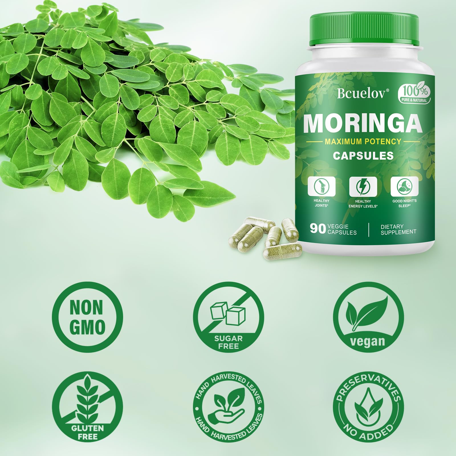 Moringa Capsules 800mg | Pure Moringa Powder Capsules for Energy, Skin & Immune Support – 90 Caps