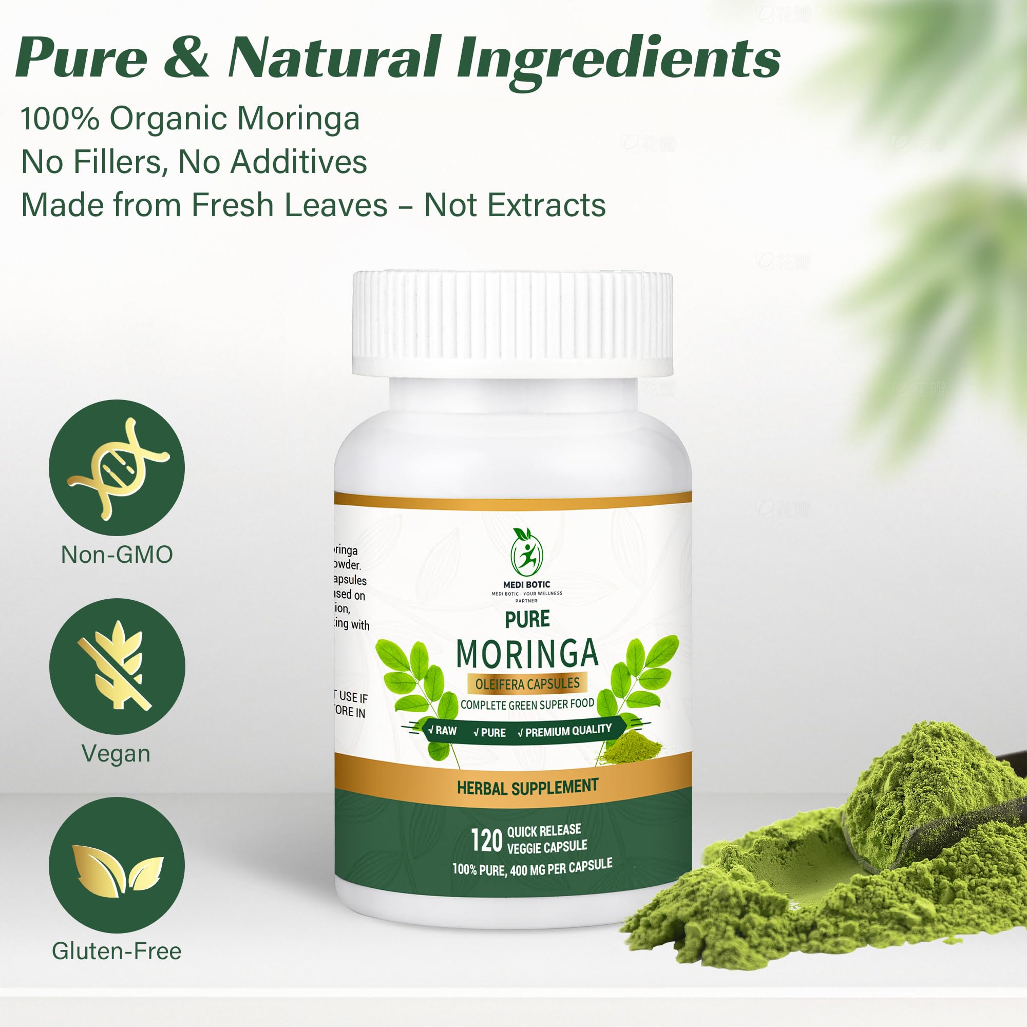 Moringa Capsules 800mg – 120 Count | Energy, Immunity, Gut Health | Non-GMO & Gluten Free