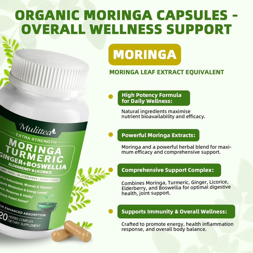 Moringa Capsules Organic 1000mg – 7-in-1 Superfood with Turmeric & Ginger | 120 Vegan Capsules