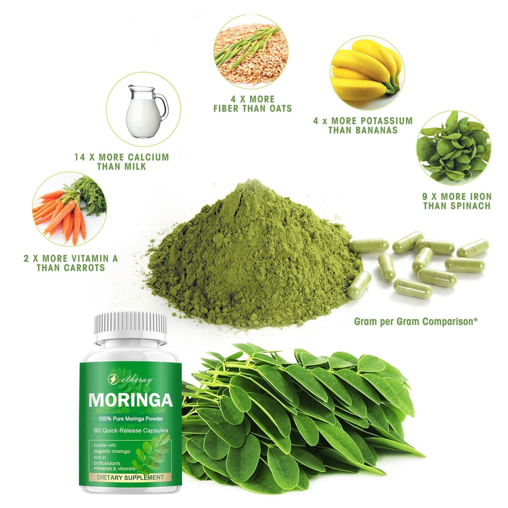 Moringa Capsules - Pure Moringa Powder 800mg per Serving | Rich in Antioxidants, Minerals & Vitamins | Green Superfood | 60 Capsules