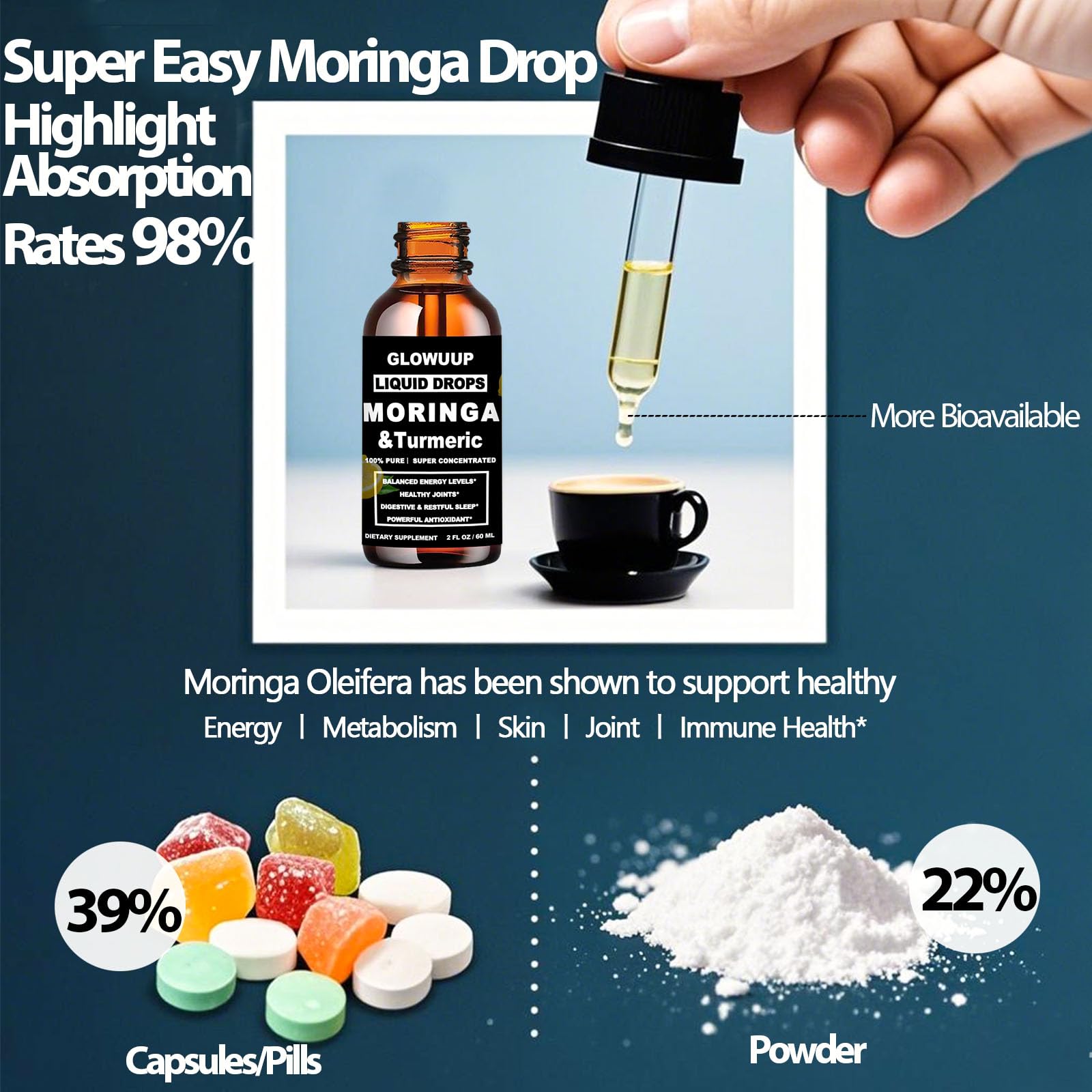 Organic Moringa Liquid Drops with Turmeric, Pepper & Vitamin C | 6x Absorption
