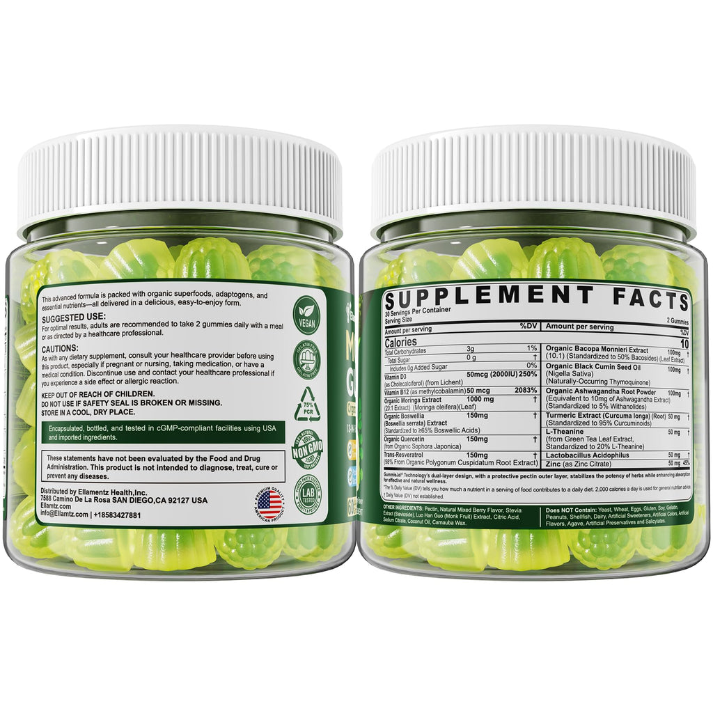 Moringa Gummies 1000mg - Sugar Free | 13-in-1 Superfood for Energy, Immunity, Skin