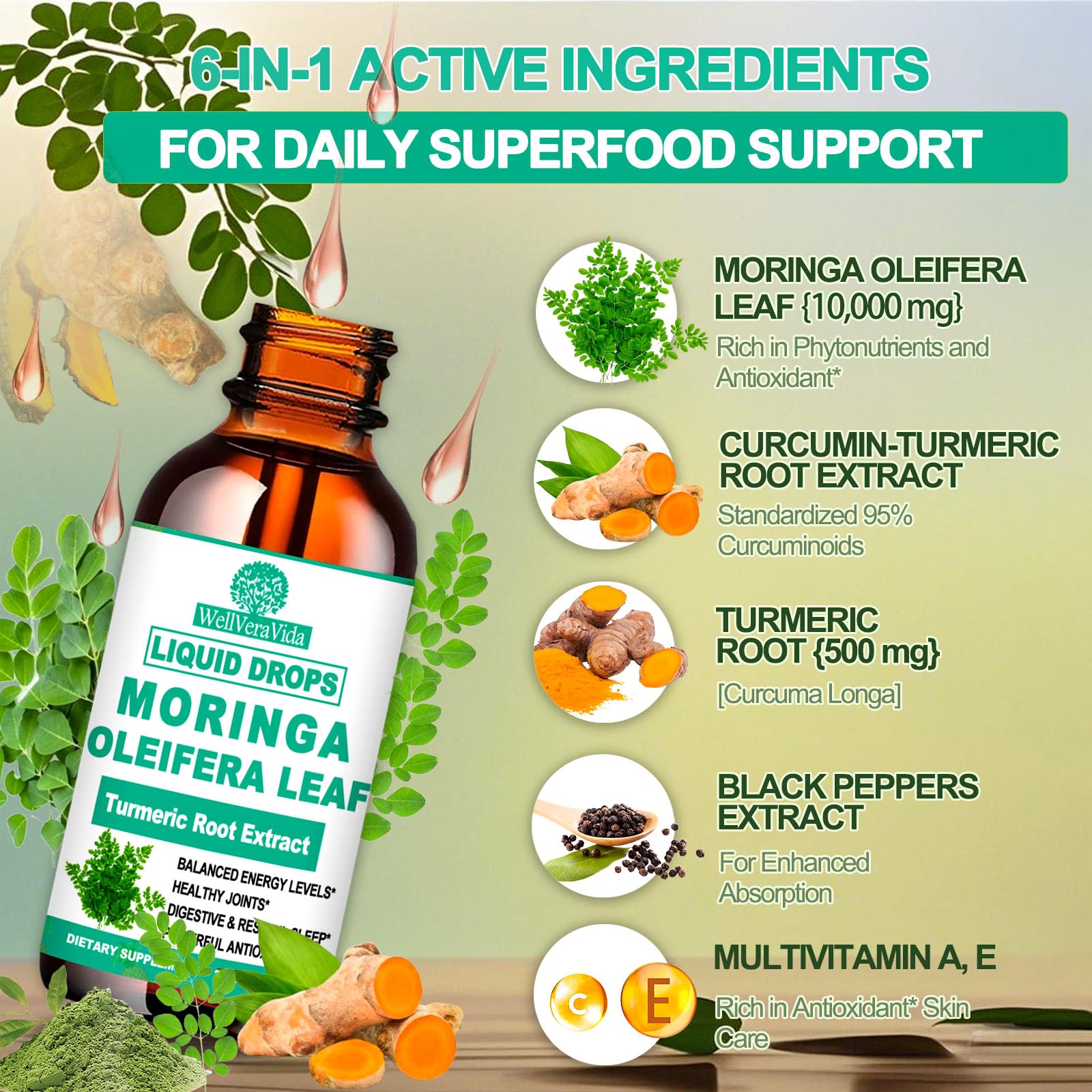 Organic Moringa Liquid Drops with Turmeric, Black Pepper & Vitamin C | Moringa Oleifera