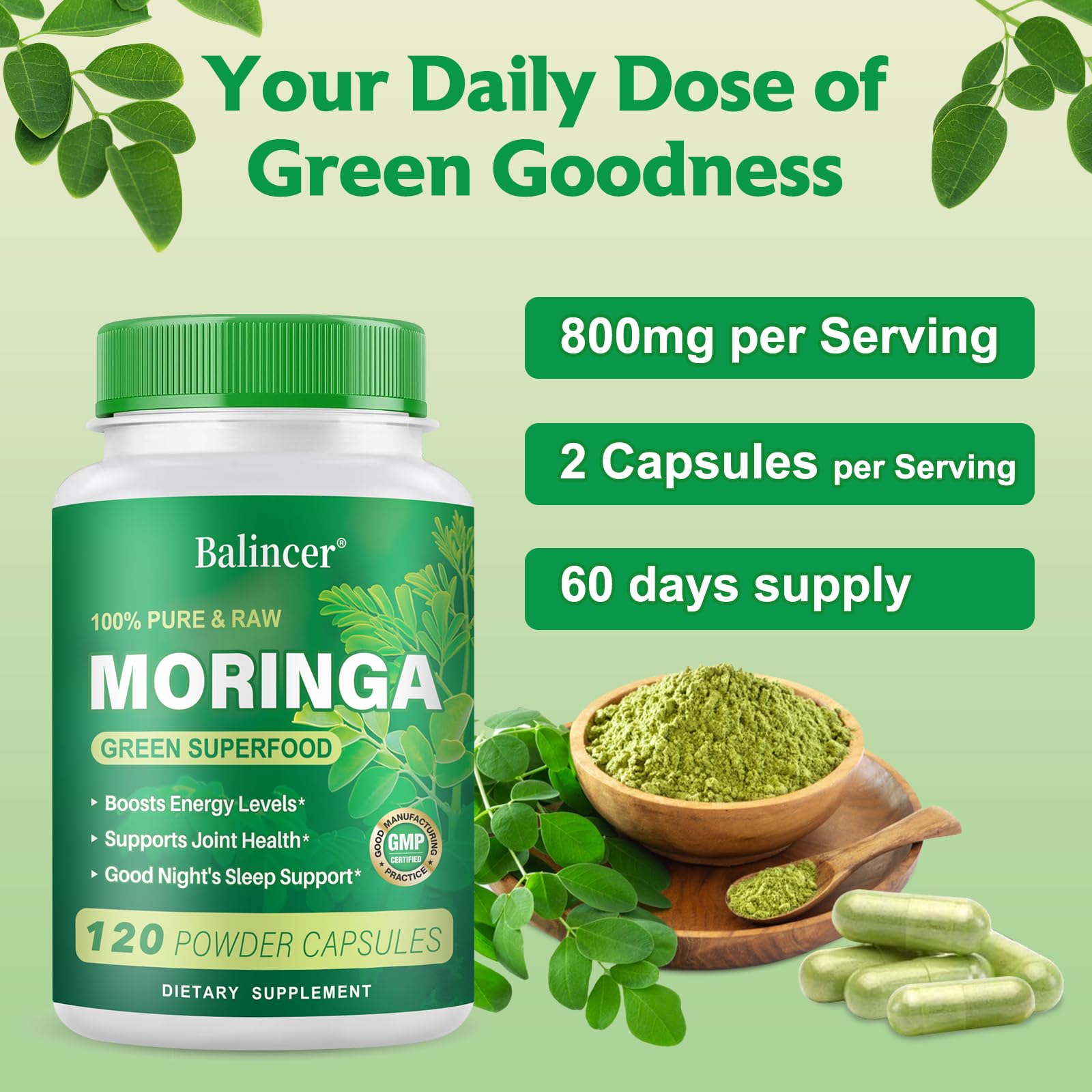 Moringa Powder Capsules – Pure Moringa Leaf, 800mg, 240 Vegan Capsules