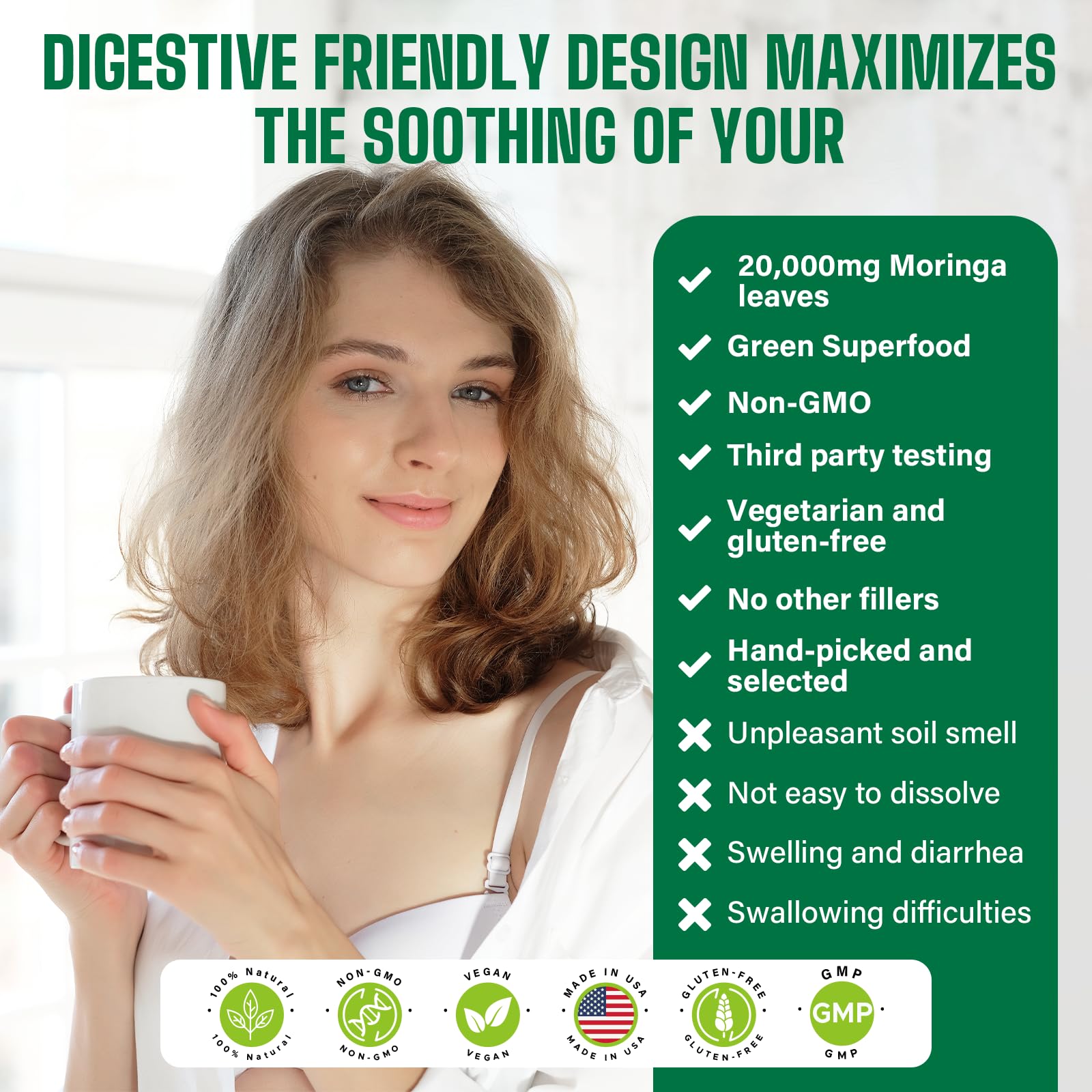 Moringa Powder Organic 2000MG - 18-in-1 Green Superfood, 60 Servings
