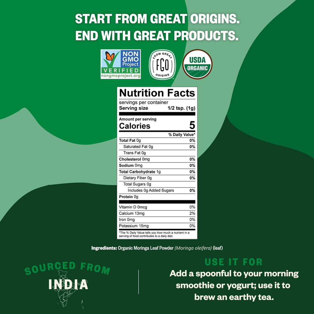 FGO Organic Moringa Leaf Powder - 16oz Resealable Pouch, Non-GMO, India Sourced