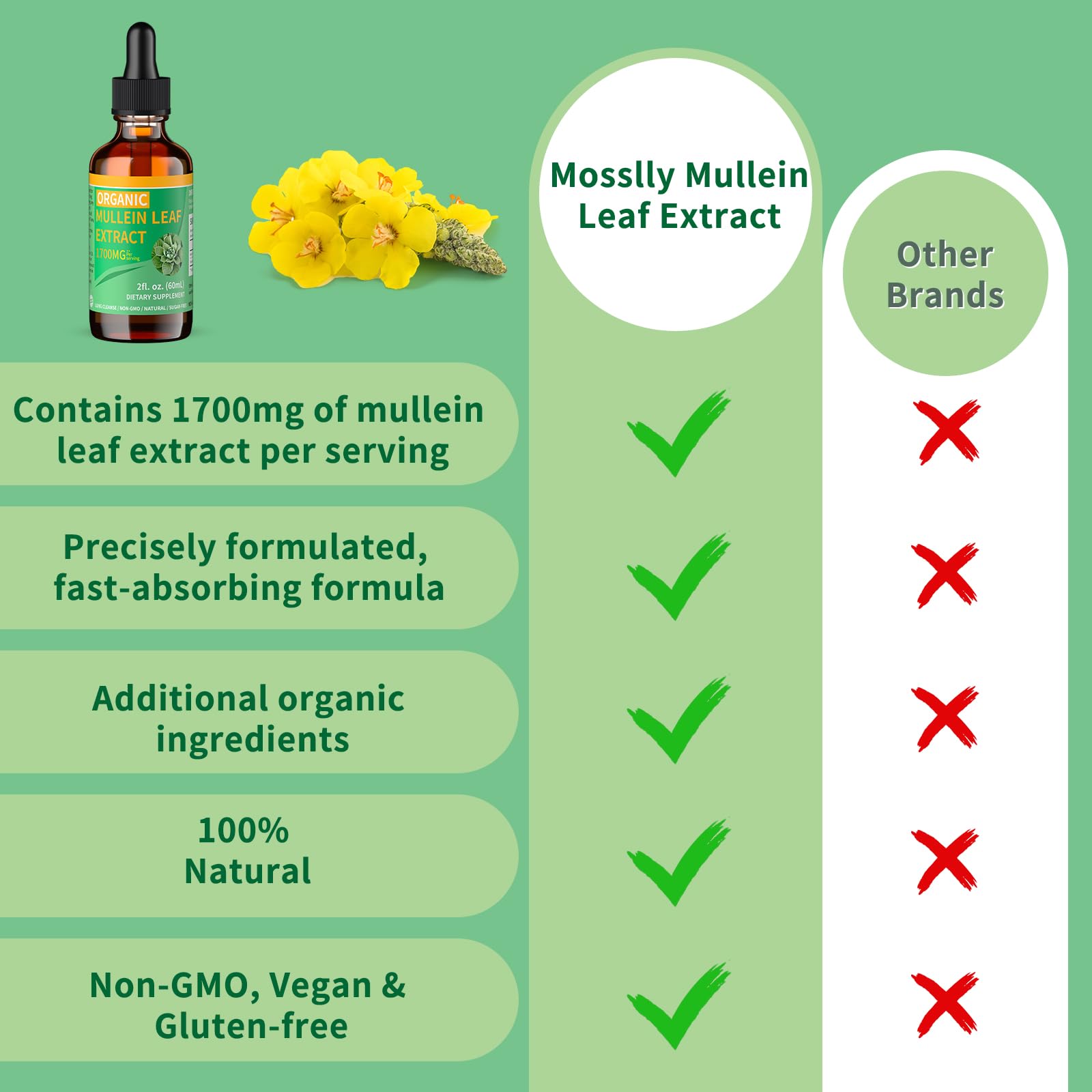 Mosslly 1700mg Mullein Drops – Organic Mullein Leaf for Lungs (2 fl oz)