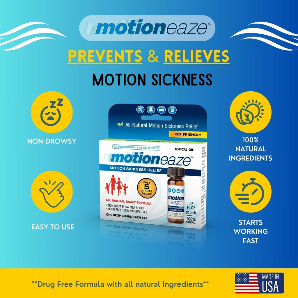 MotionEaze Non-Drowsy Motion Sickness Relief - All Natural Drug Free Formula - Made in The USA - 2.5ml Bottle