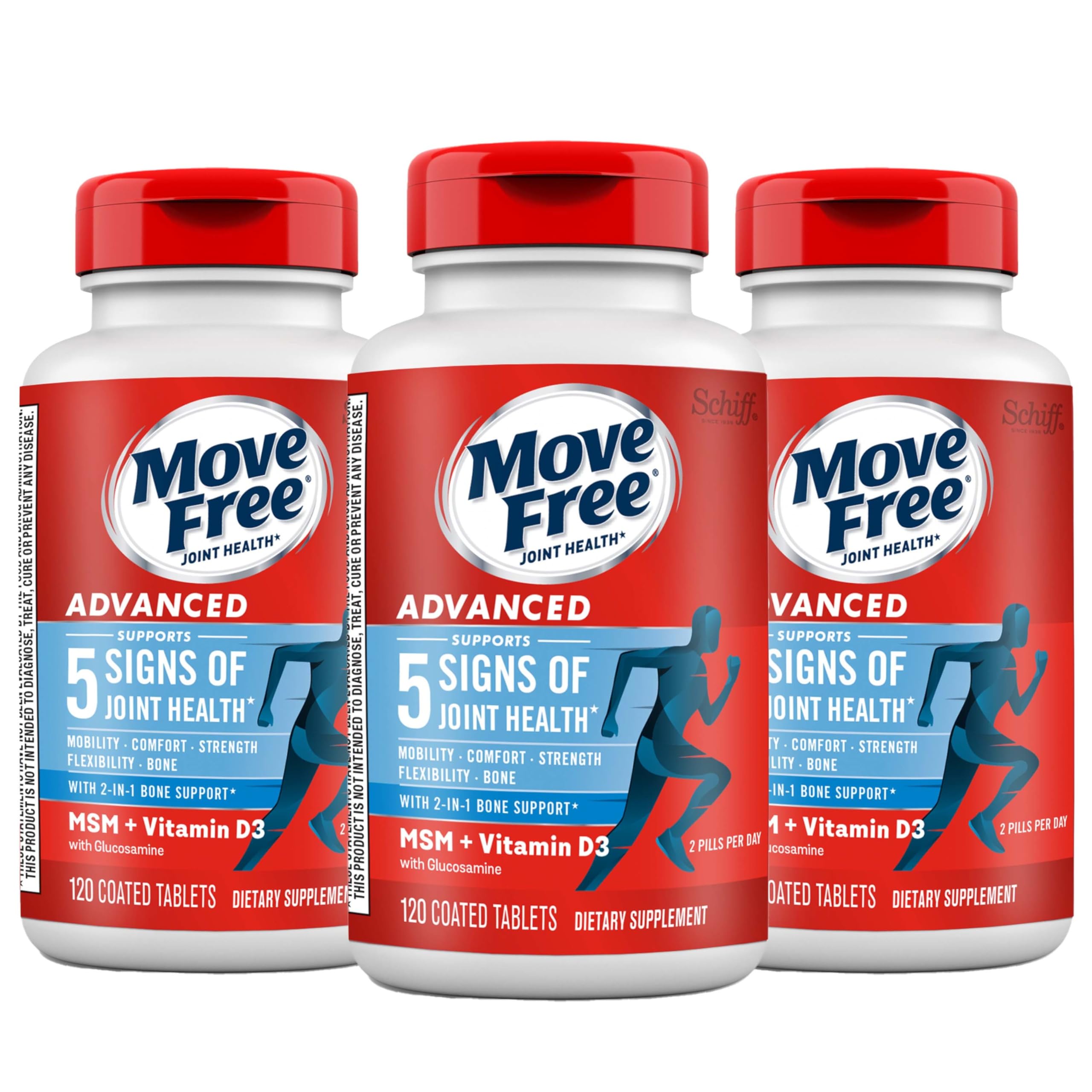 Move Free Advanced: Glucosamine Chondroitin MSM + Vitamin D3 Joint Support – Mobility, Bone & Immune Health (3x120ct)