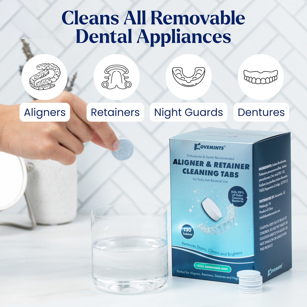Movemints Cleaning Tablets for Aligners, Retainers, Dentures – 120 Count | Ultrasonic Compatible | Mint
