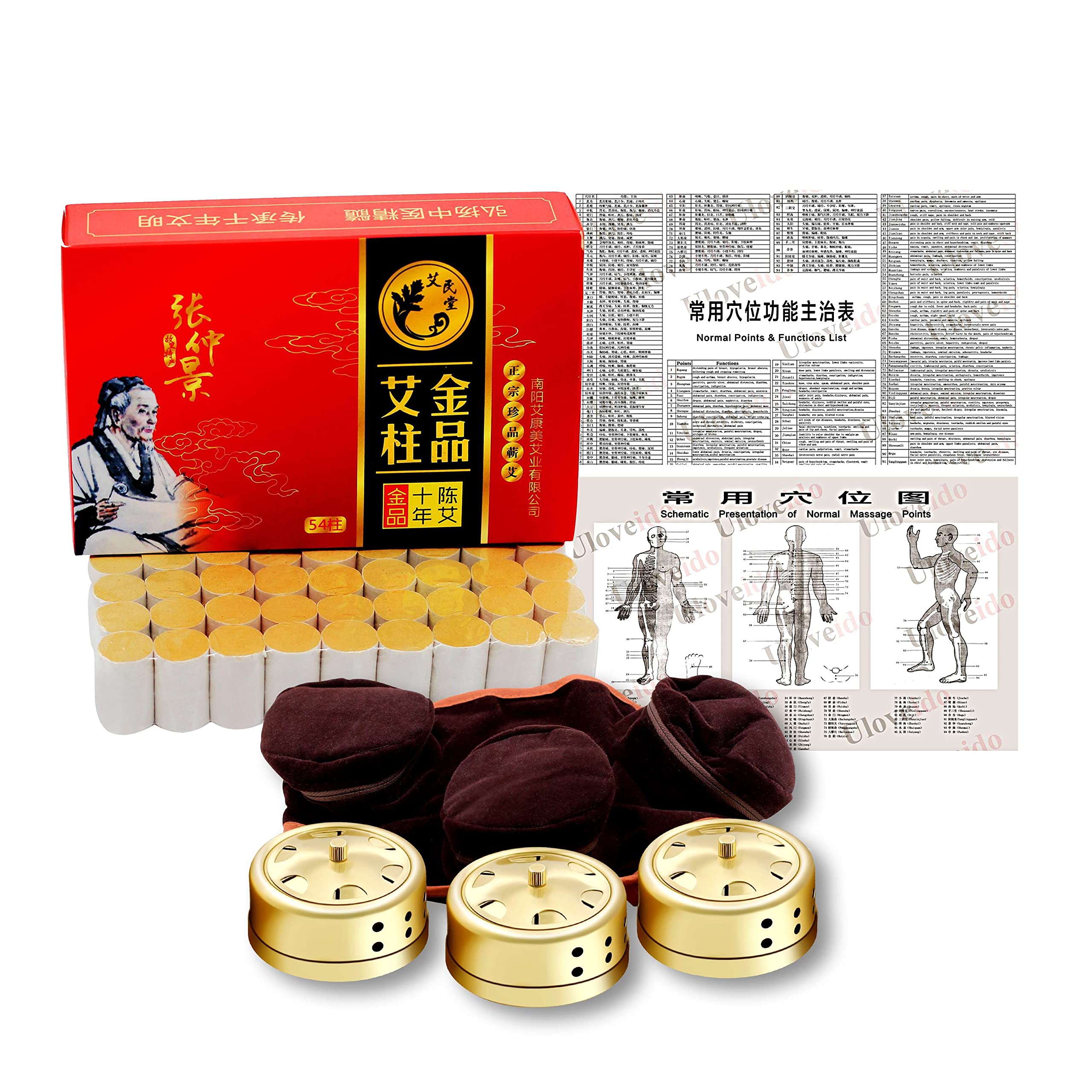 Chinese Moxibustion Box Kit – Smokeless Portable Moxa Set (54pcs, 3 Copper Burners, Acupoint Map)