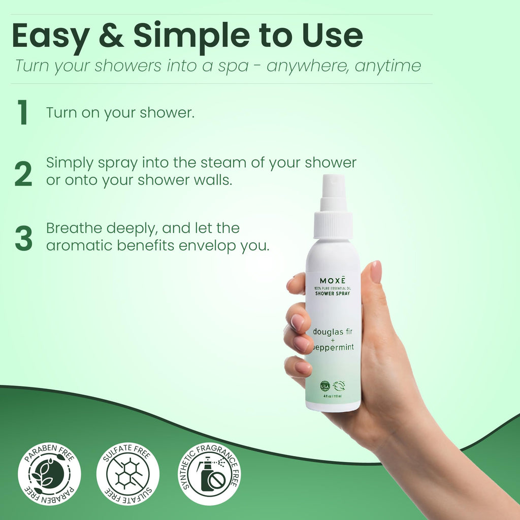 MOXE Aromatherapy Shower Spray | Douglas Fir & Peppermint, Made in USA, 4 oz