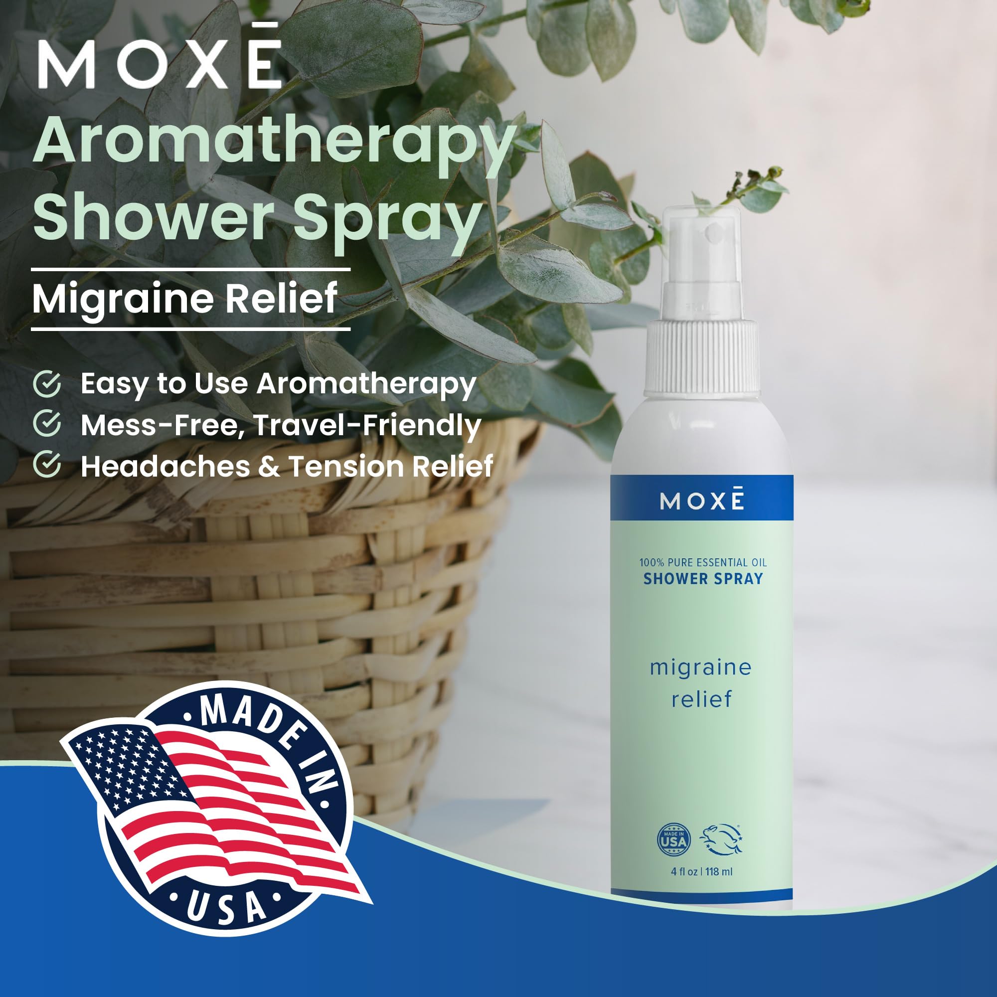 MOXE Migraine Relief Aromatherapy Shower Spray – Essential Oils for Headache & Tension Relief | Made in USA