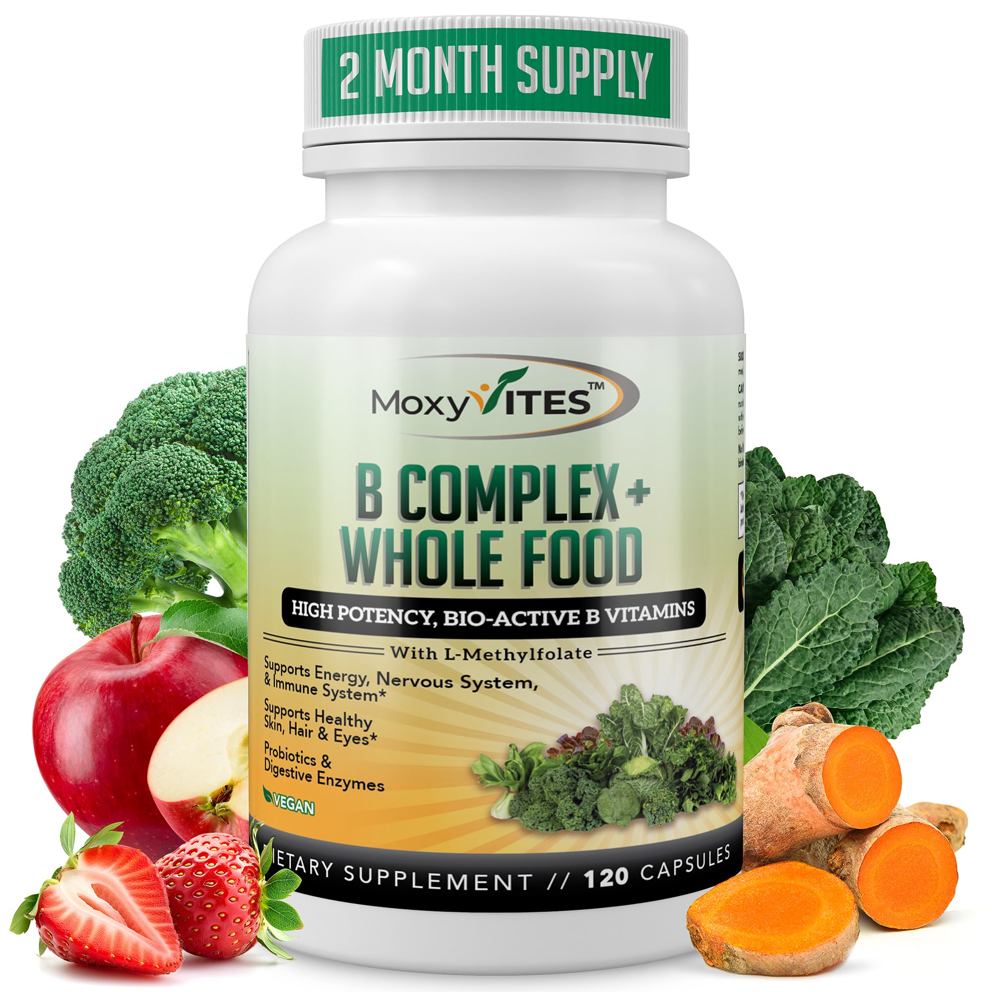 MoxyVites Vitamin B Complex – Vegan B Vitamins for Stress, Energy & Immunity, 120 Capsules