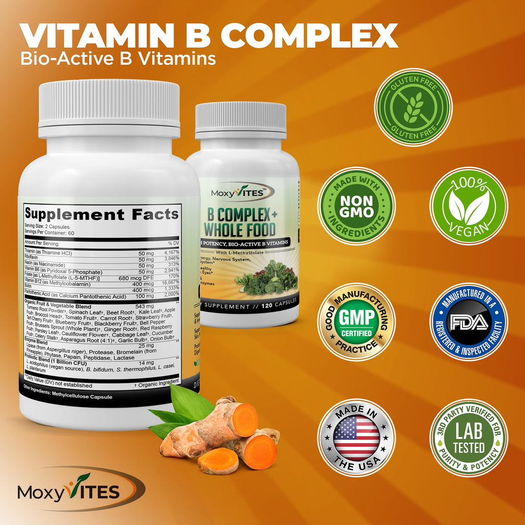 MoxyVites Vitamin B Complex – Vegan B Vitamins for Stress, Energy & Immunity, 120 Capsules
