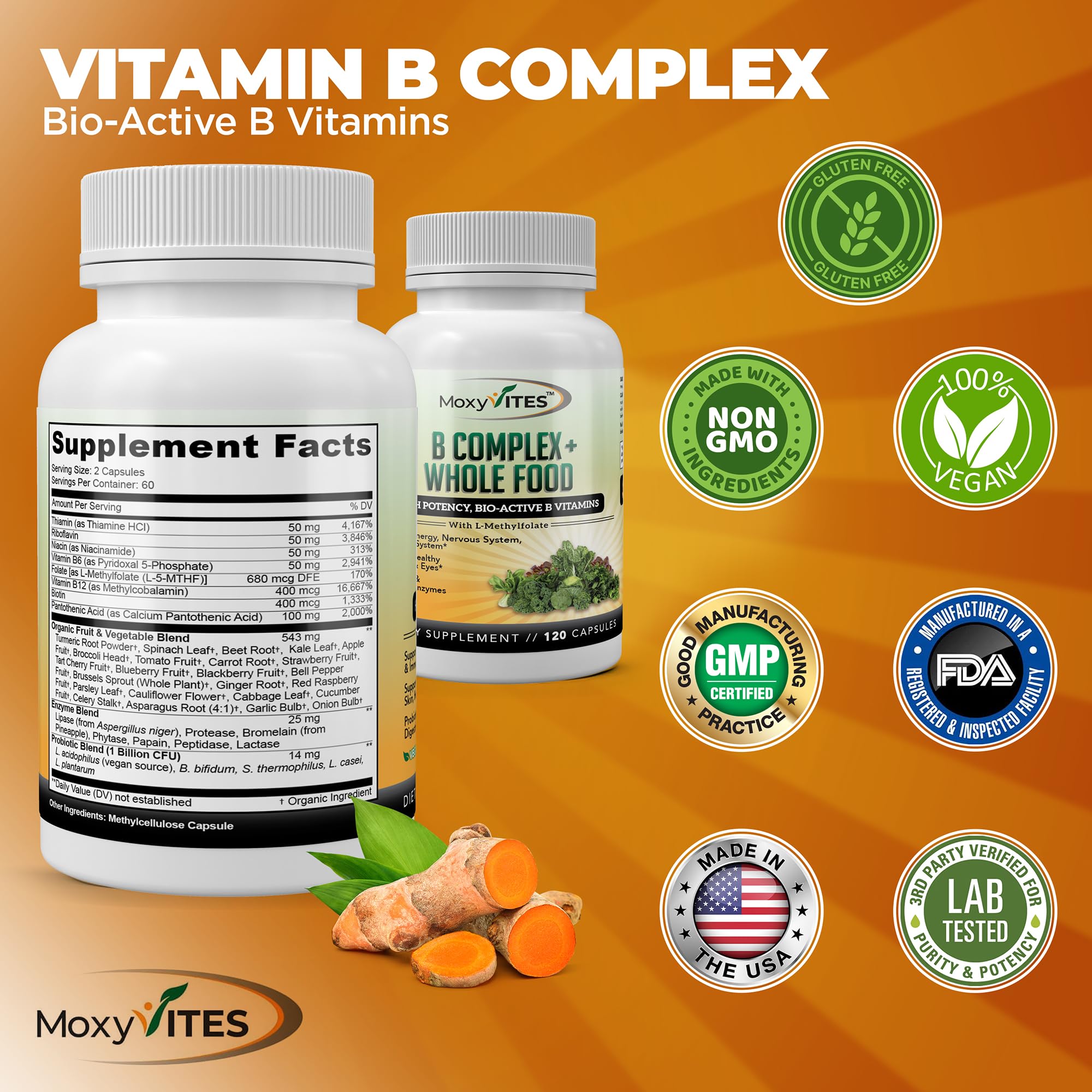 MoxyVites Vitamin B Complex – Vegan B Vitamins for Stress, Energy & Immunity, 120 Capsules