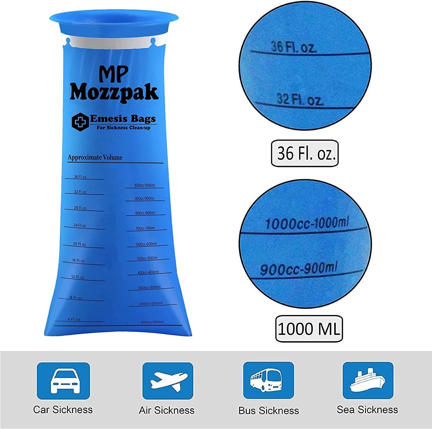 MP MOZZPAK Vomit Bags Disposable 100 Pack – 1000ml Emesis Bags, Leak-Proof, Travel-Ready