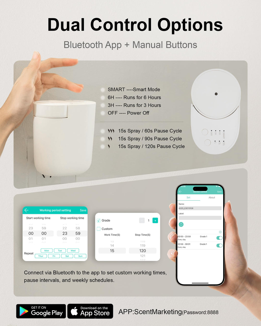 MQLMF Wall Plug-in Diffuser – Waterless, Bluetooth App, 800 Sq Ft, White