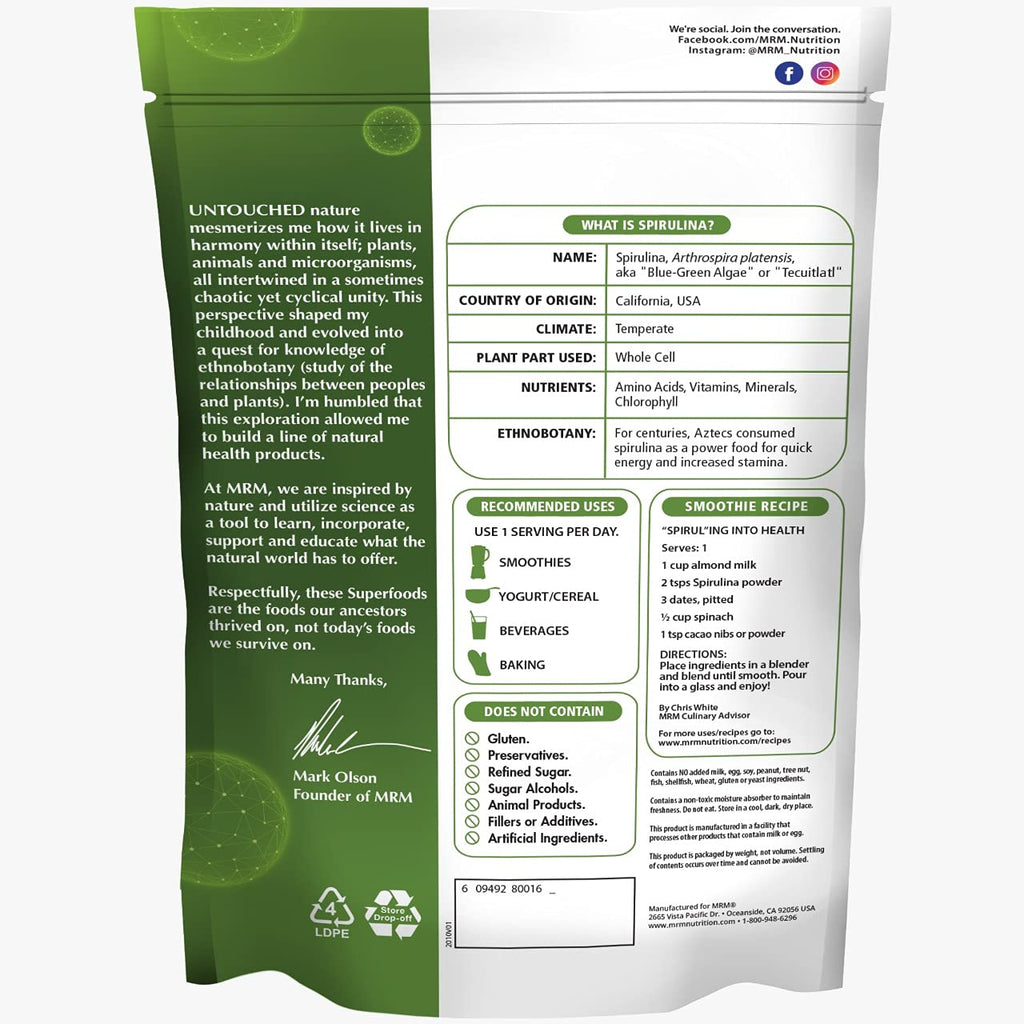 MRM Nutrition Spirulina Powder – Superfood, Complete Plant Protein, Gluten-Free + Vegan | 40 Servings | 8.5 oz