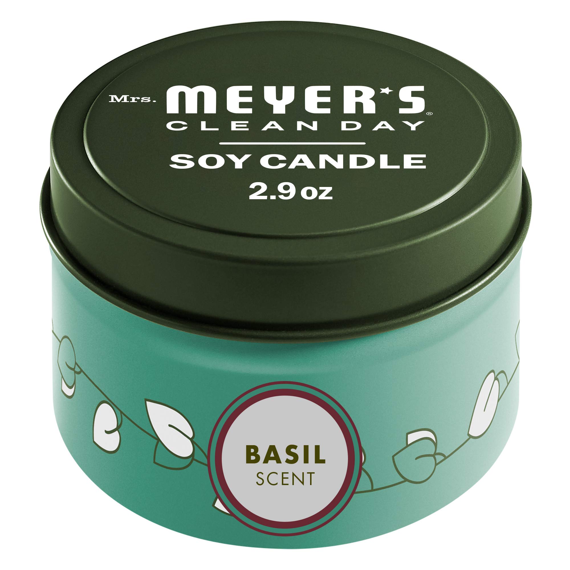 MRS. MEYER'S CLEAN DAY Basil Tin Candle – 12-Hour Burn, Soy Wax, 2.9 oz