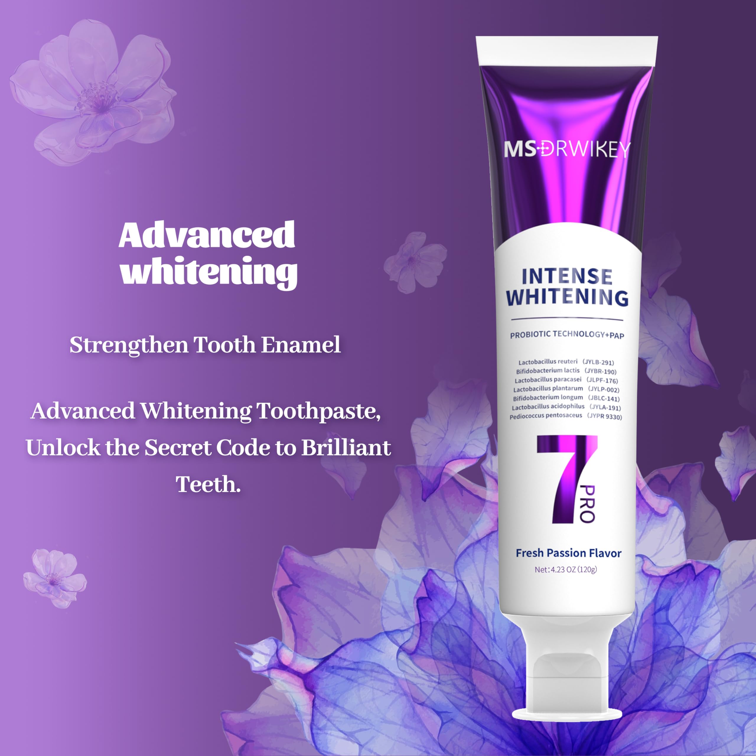 MSDRWIKEY 7Pro Deep Whitening Toothpaste with 7 Probiotics - Fluoride-Free, Enamel-Safe, 4.23 oz