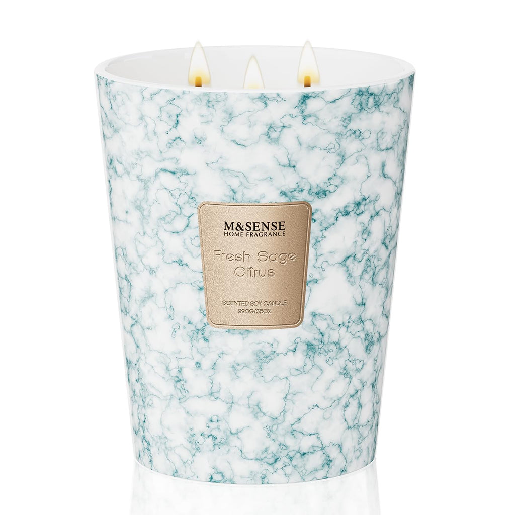M&SENSE 35oz Extra Large Candle – 150H Fresh Sage Citrus, 3-Wick Soy Jar