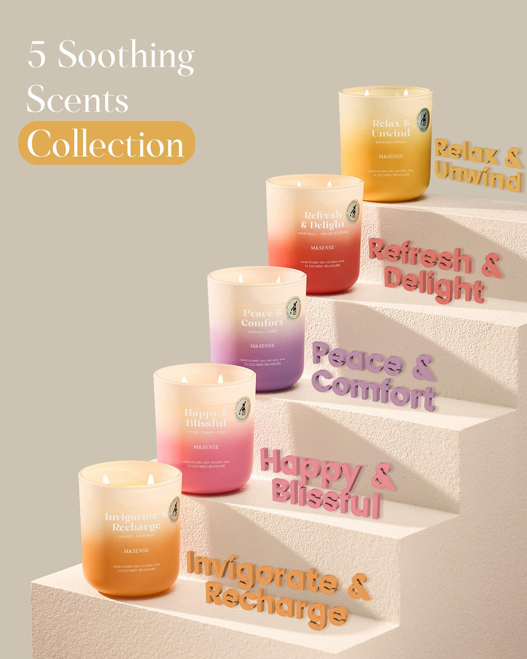 M&SENSE Lavender Amber Candle – 14.1oz Soy Wax Aromatherapy, 80h