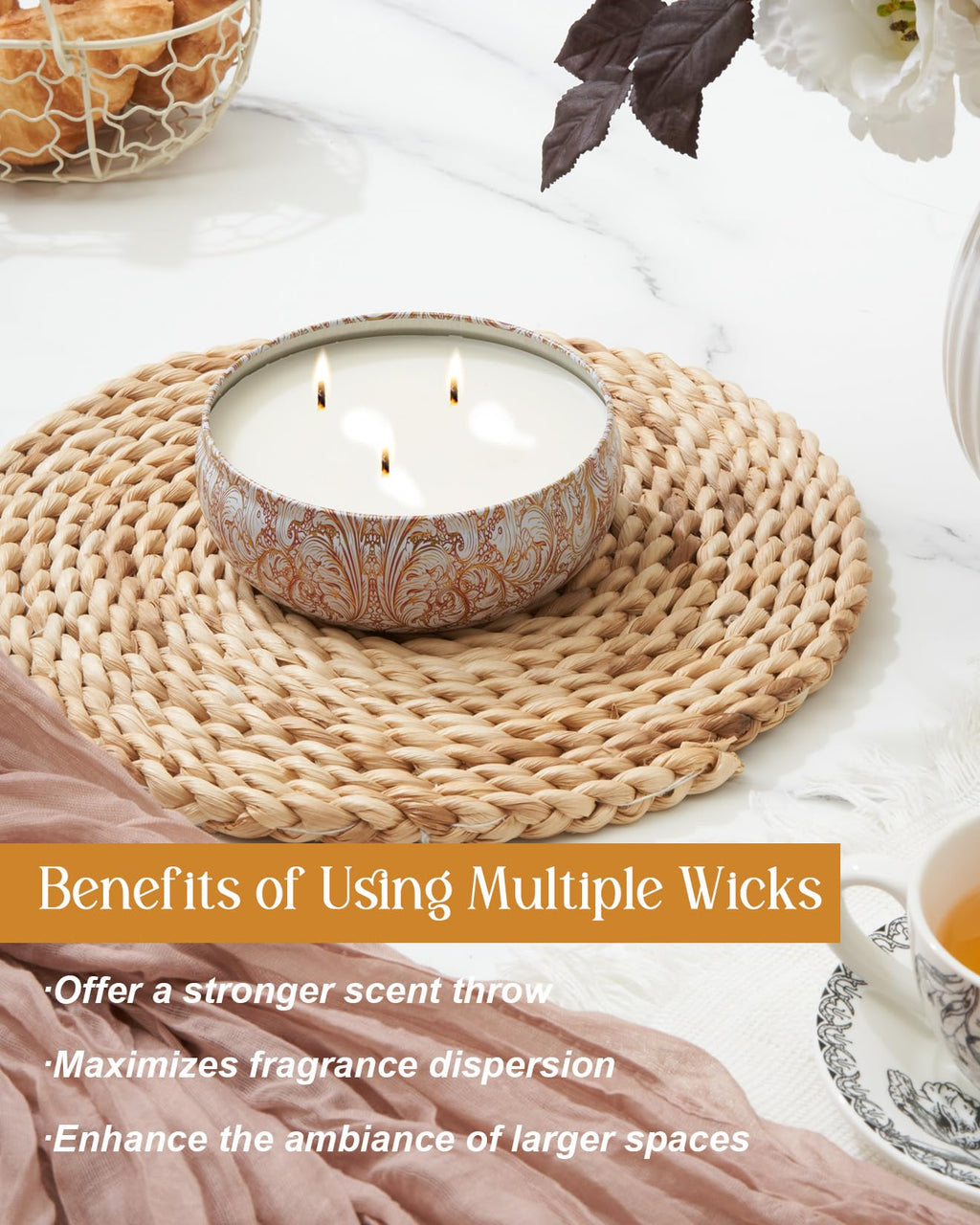 M&SENSE Basil Flower Scented Candles | 3 Wick Soy Tin, 40+ Hr Burn