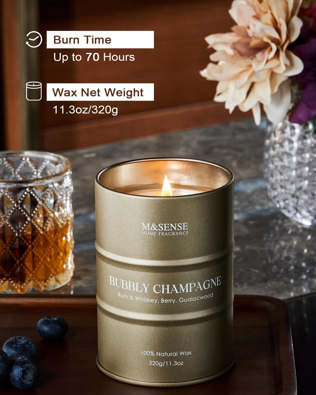 M&SENSE Bubbly Champagne Scented Candle – 11.3 oz, Natural Soy, 60–70h Burn Time