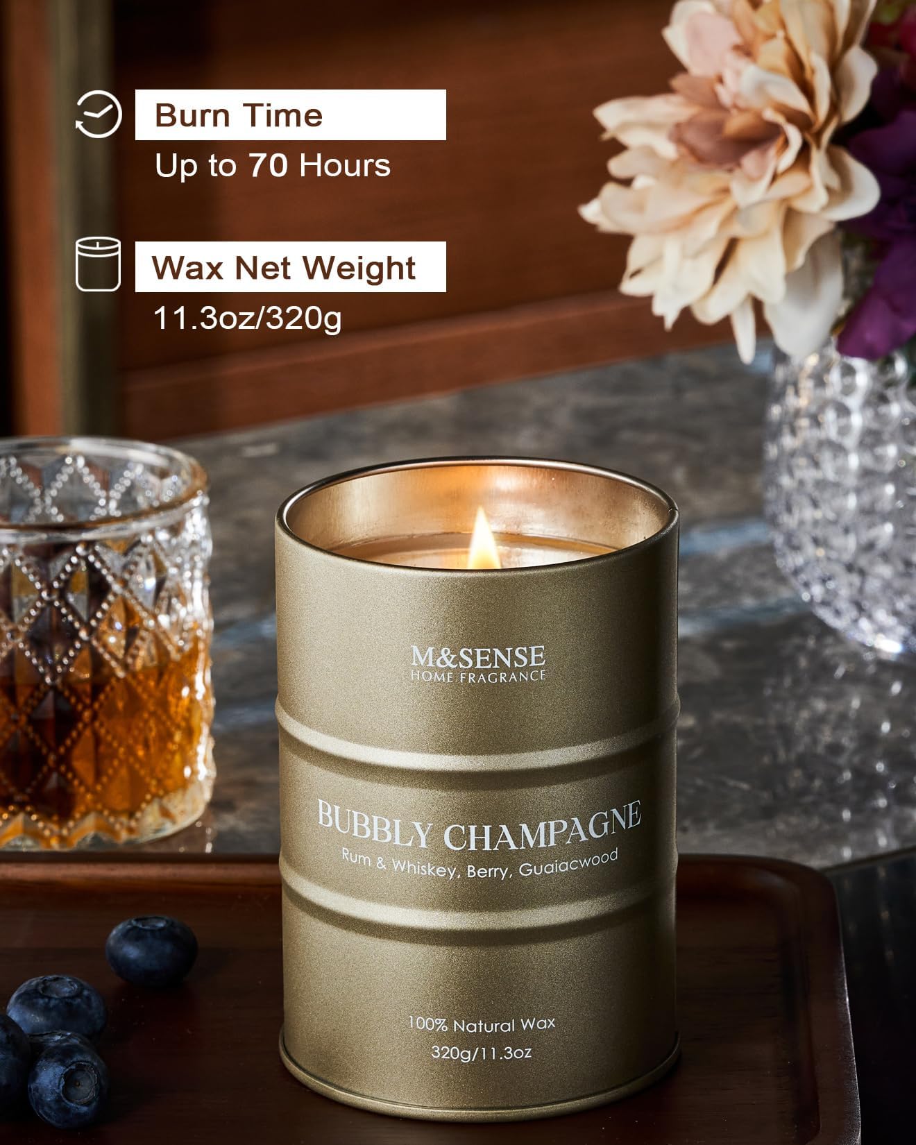 M&SENSE Bubbly Champagne Scented Candle – 11.3 oz, Natural Soy, 60–70h Burn Time