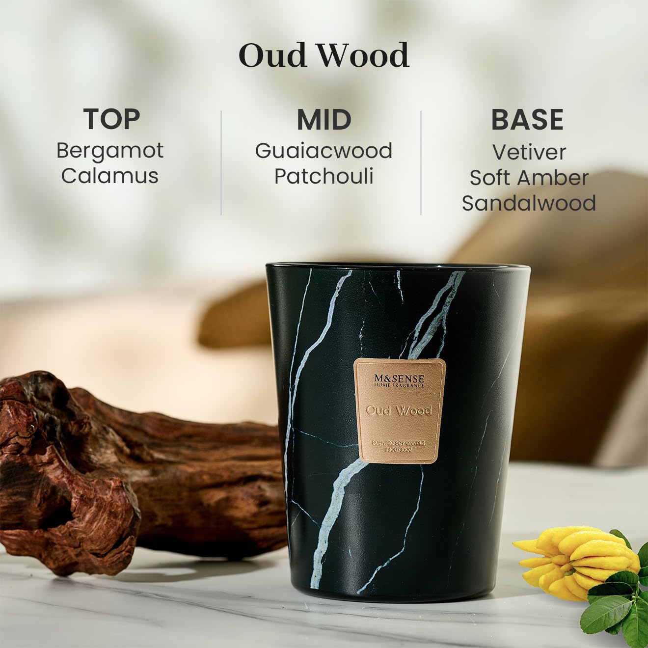 M&SENSE Extra Large Candle 35oz Oud Wood – 3 Wick, 150H Long-Lasting Scented Jar Candle
