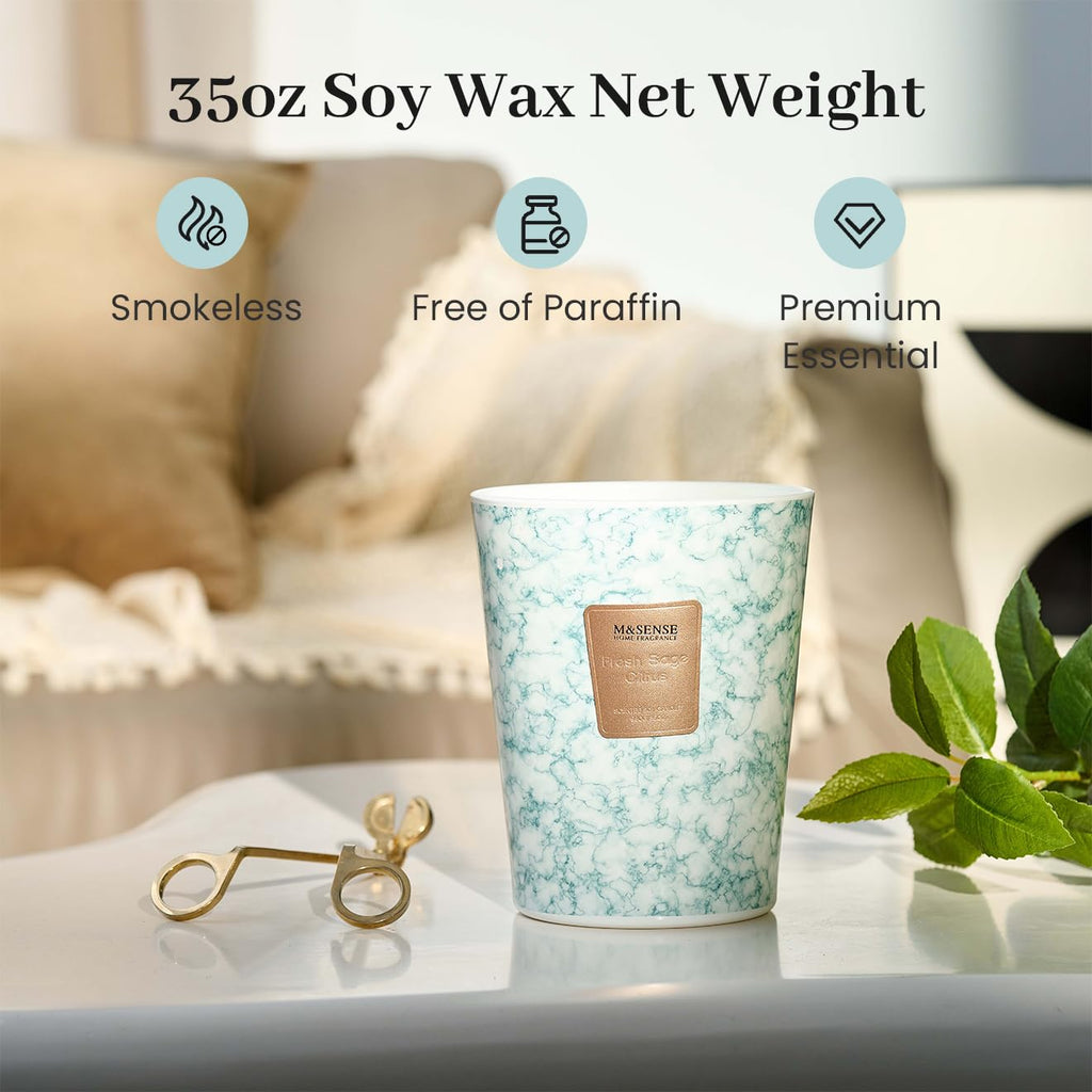 M&SENSE 35oz Extra Large Candle – 150H Fresh Sage Citrus, 3-Wick Soy Jar