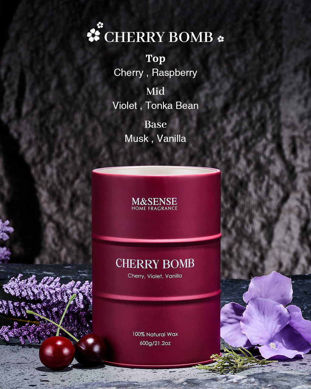 M&SENSE Cherry Bomb Scented Candle - Large 21.2 oz Soy Wax Candle, Gift for Women | Home Fragrance