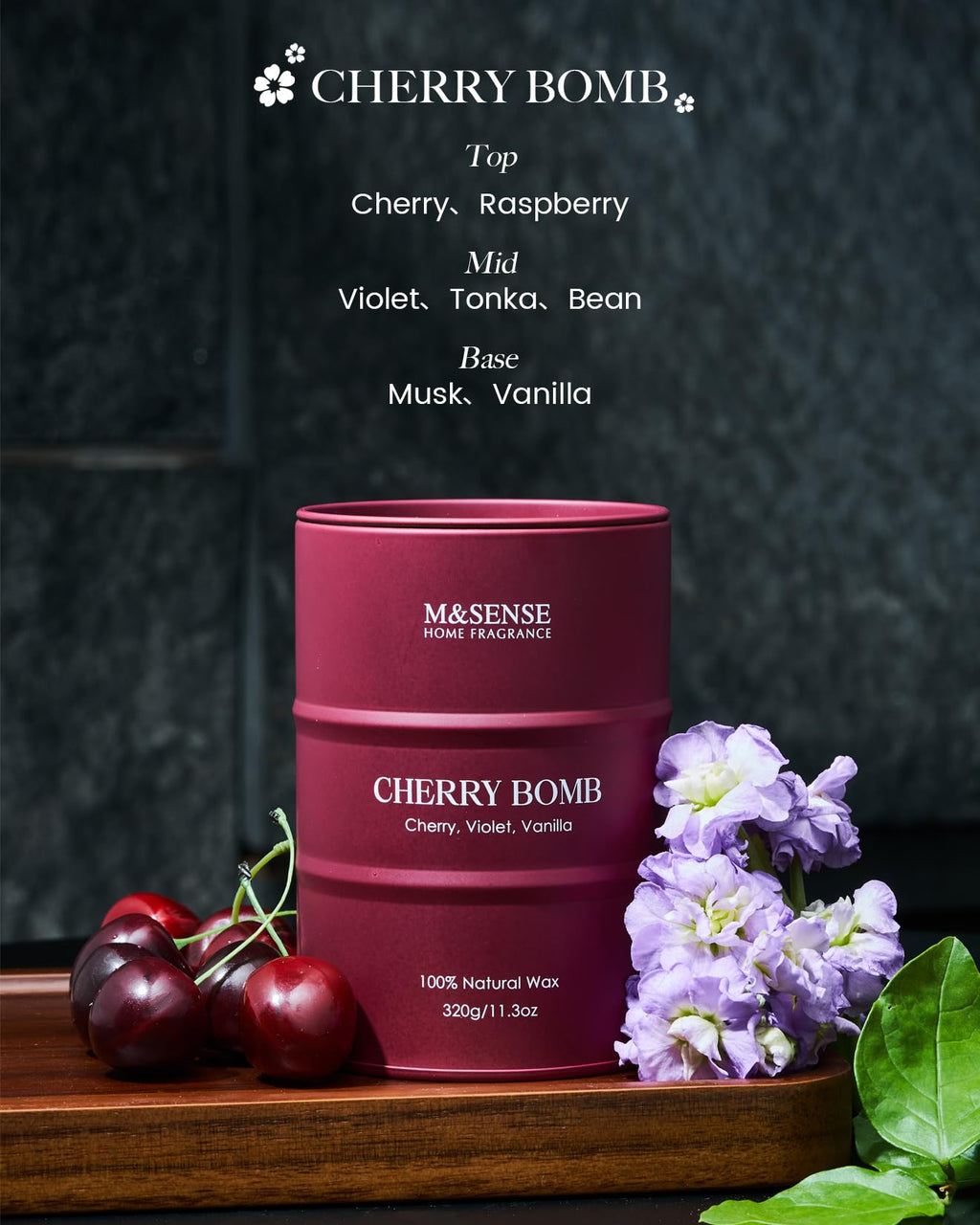 M&SENSE Cherry Bomb Scented Candle - Natural Soy Wax, 11.3 oz, 70 Hours Burn