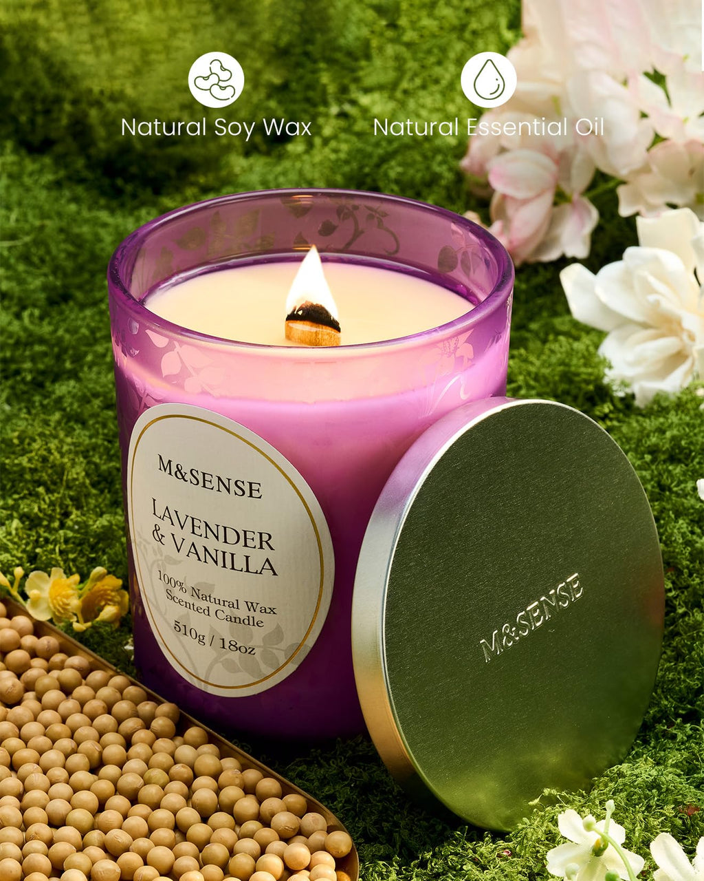 M&SENSE Lavender Vanilla Candle | 18oz Soy Wax, Wooden Wick, 100+ Hours