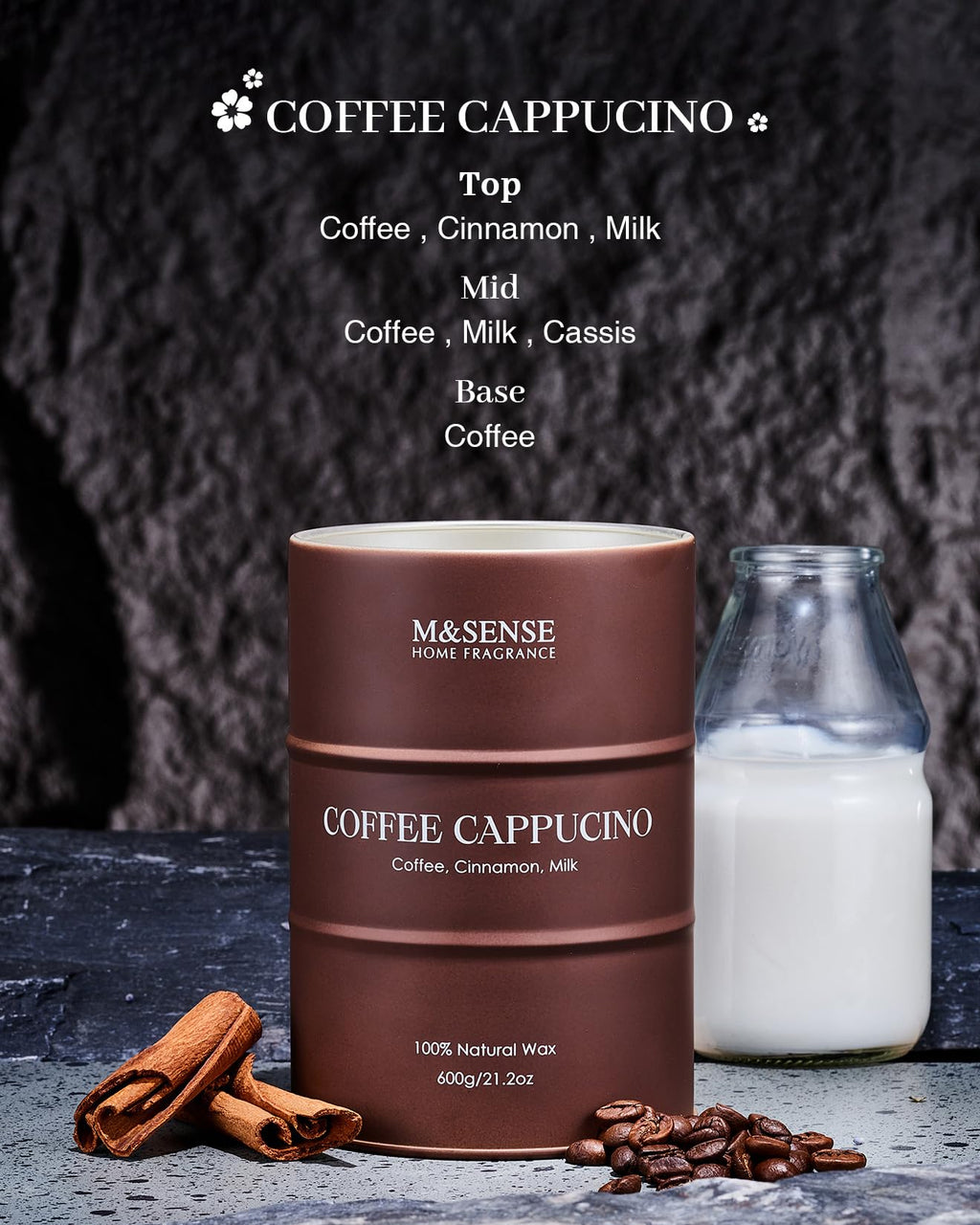 M&SENSE Coffee Cappucina Soy Wax Candle – 21.2oz, 120h Burn, Gift Box