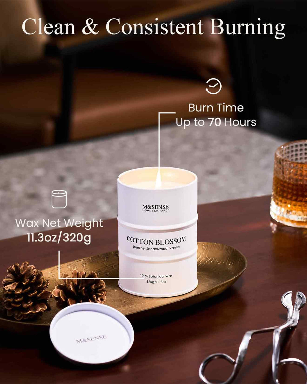 M&SENSE Cotton Blossom Scented Candle – Natural Soy Blend, Aromatherapy for Relaxation (100–120h Burn)